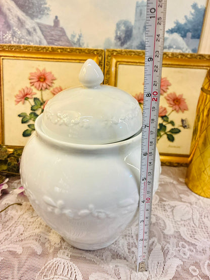 Vintage large White Porcelain Lidded Jar Embossed Floral