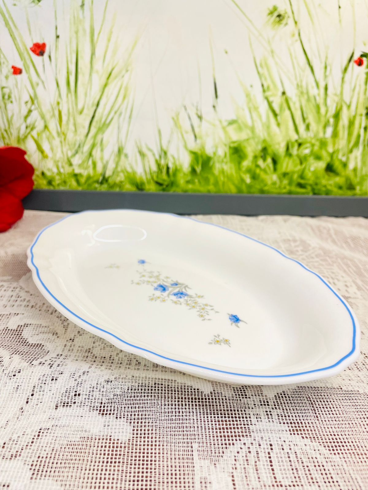 Vintage Oval Porcelain Dish with Blue Floral Detail