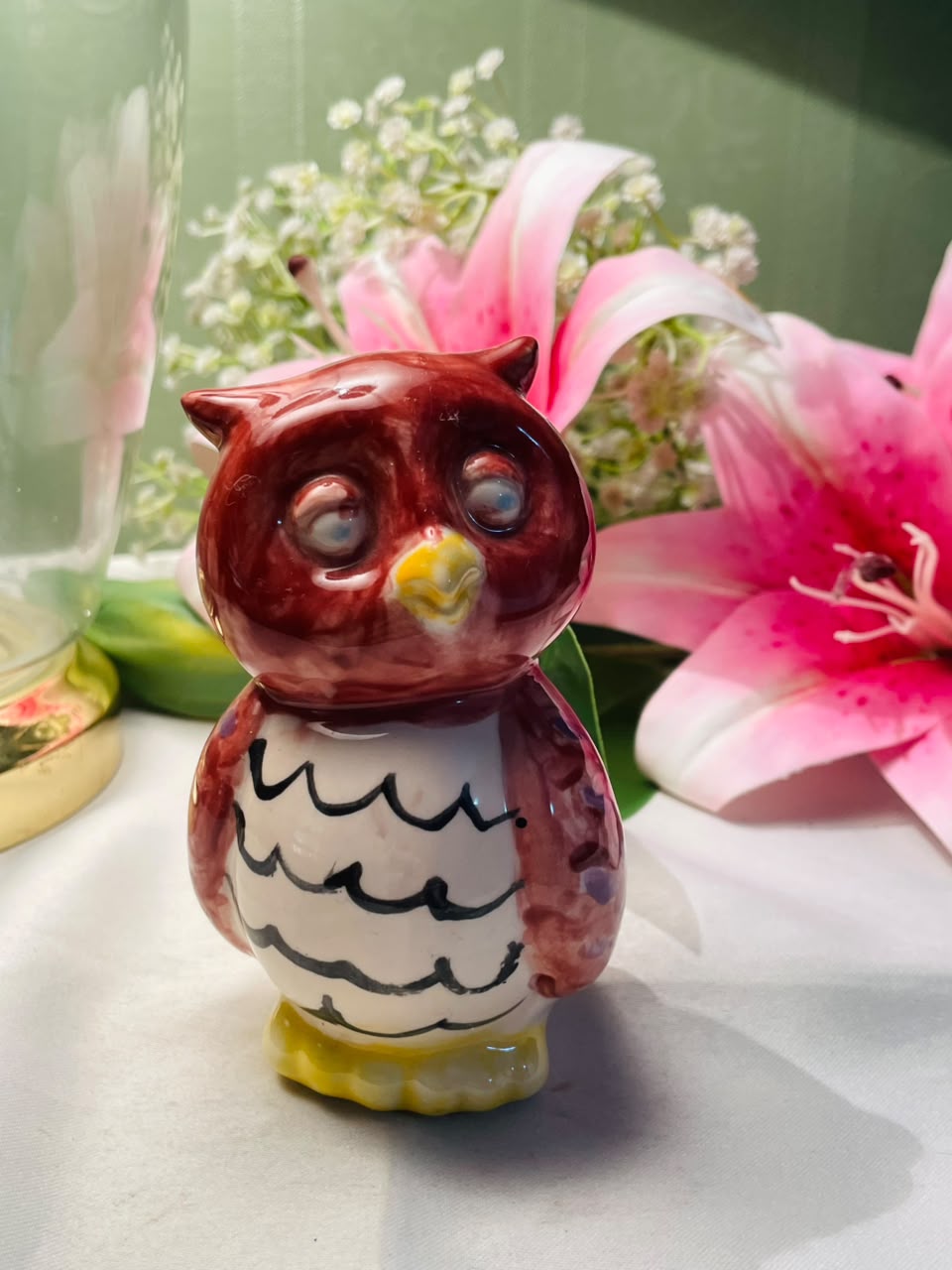 Vintage Hand painted Ceramic Owl Figurine Burgundy & Cream Approx. 11 cm