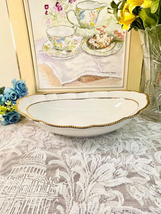 Vintage White Porcelain Serving Bowl with Gold Trim