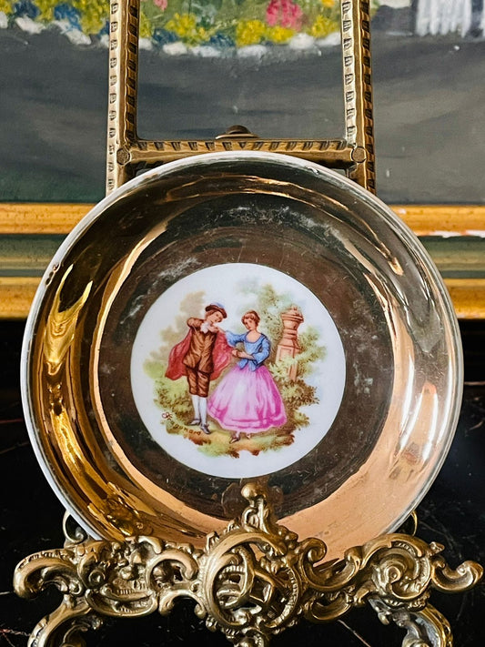 vintage plate, gold rim plate, fragonard style plate, decorative mini plate, romantic couple art, european decor, cottagecore decor, wall display plate, vanity decor, collectible ceramics, sunset kitchen shop, home decor pakistan