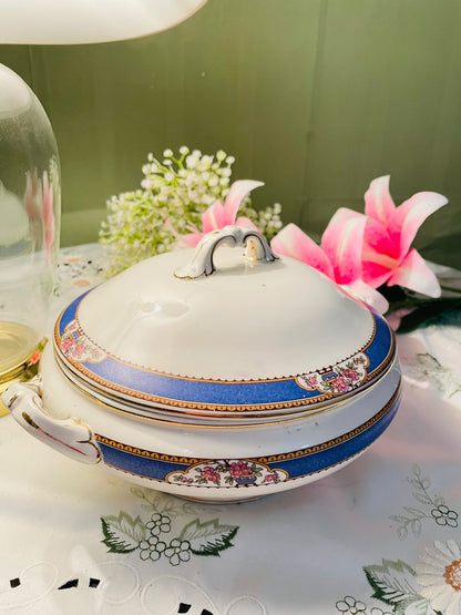 Vintage Blue Floral Lidded Serving Tureen – 8 Inch
