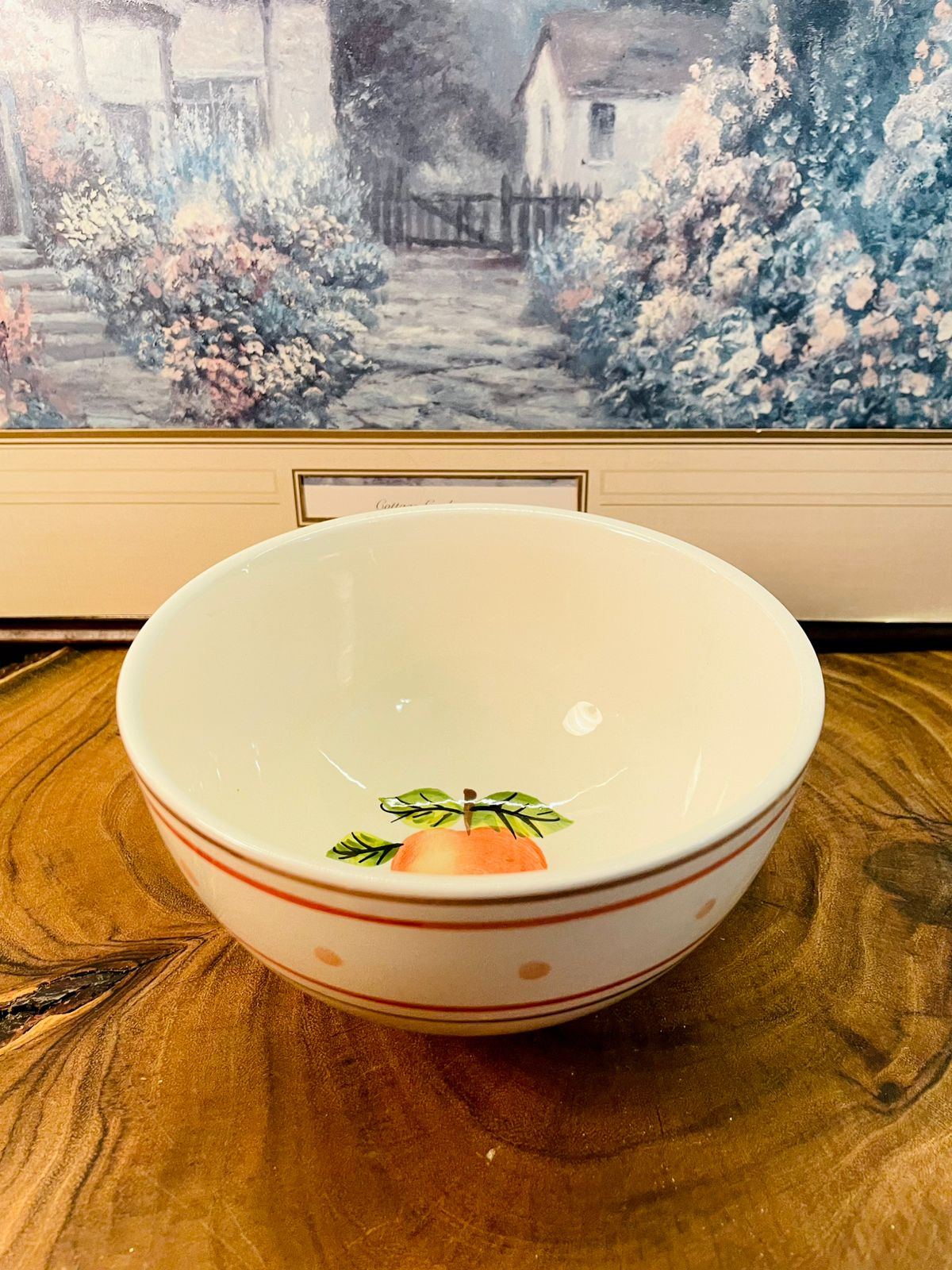 White Porcelain Bowl Orange Stripe Polka Dot Microwave Safe