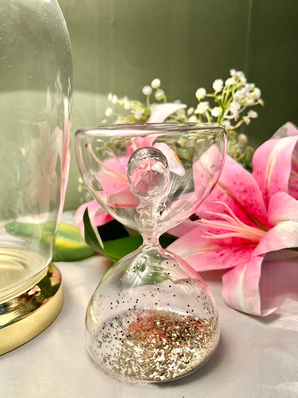 Decorative Crystal Hourglass with Gold Glitter – Approx. 5 Inch