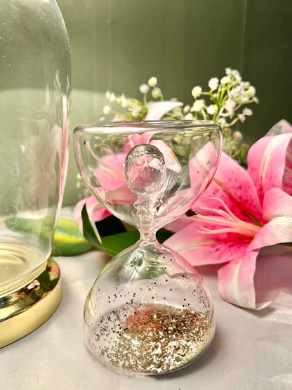 Decorative Crystal Hourglass with Gold Glitter – Approx. 5 Inch