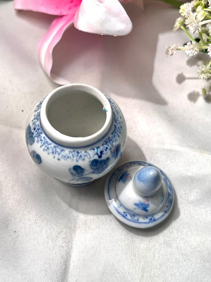 Blue & White Floral Lidded Ceramic Jar 3.5 Inch