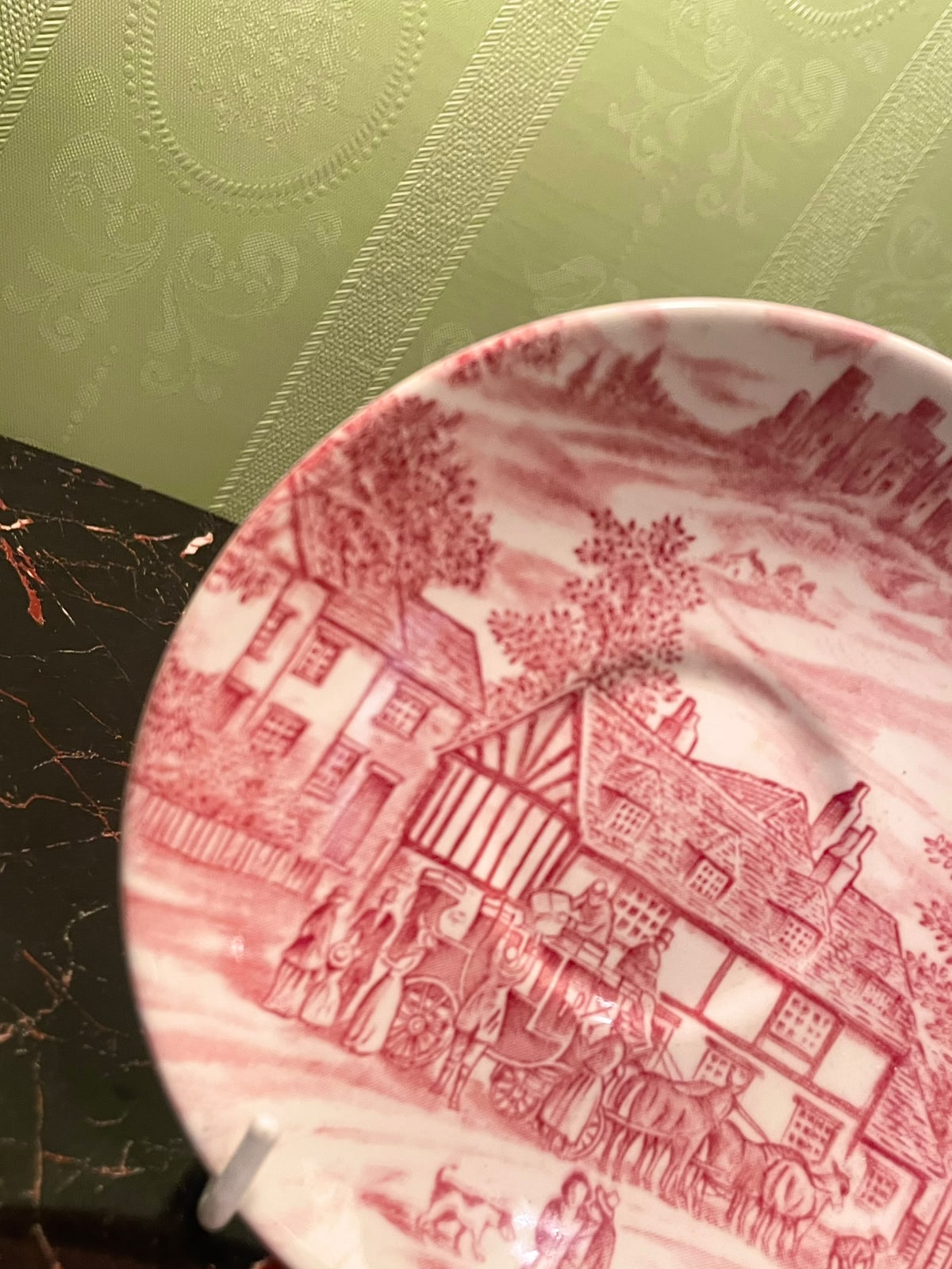 Vintage Pink Transferware English Village Plate, 5in