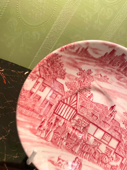 Vintage Pink Transferware English Village Plate, 5in