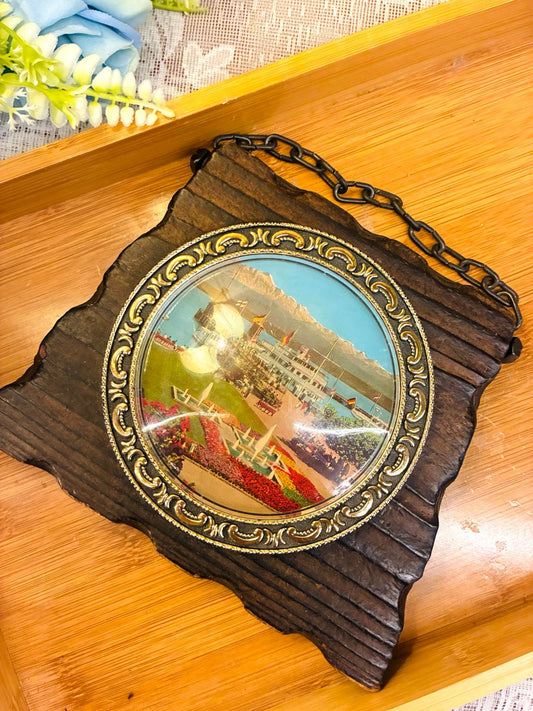 Vintage Scenic Framed Plaque  Wall Hanging with Chain