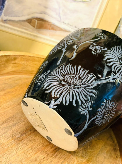 Black Ceramic Planter — 5 Inch Floral Carved Design Decor Pot