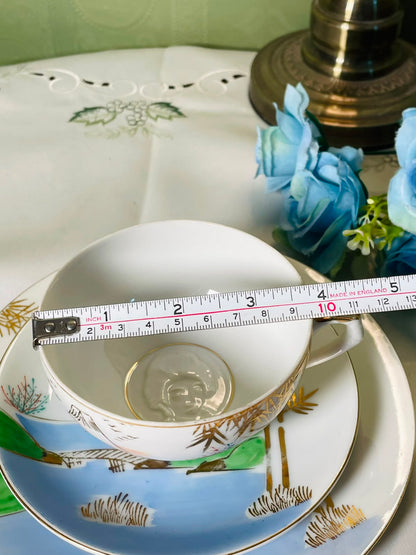 Vintage Japanese Landscape 3-Piece Cup Saucer Plate Set