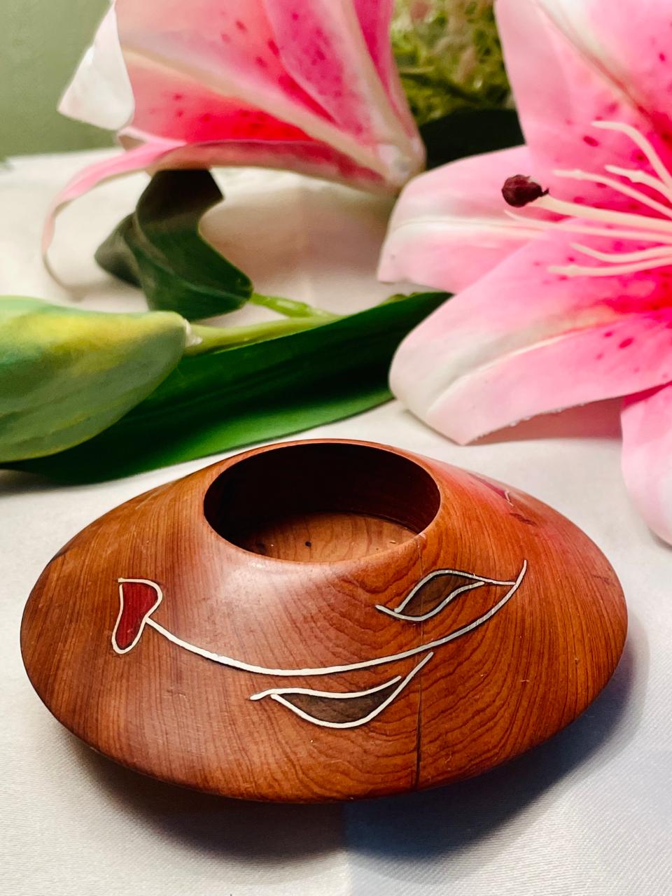 Decorative Wooden with Heart & Leaf Inlay Candle Holder 10 cm