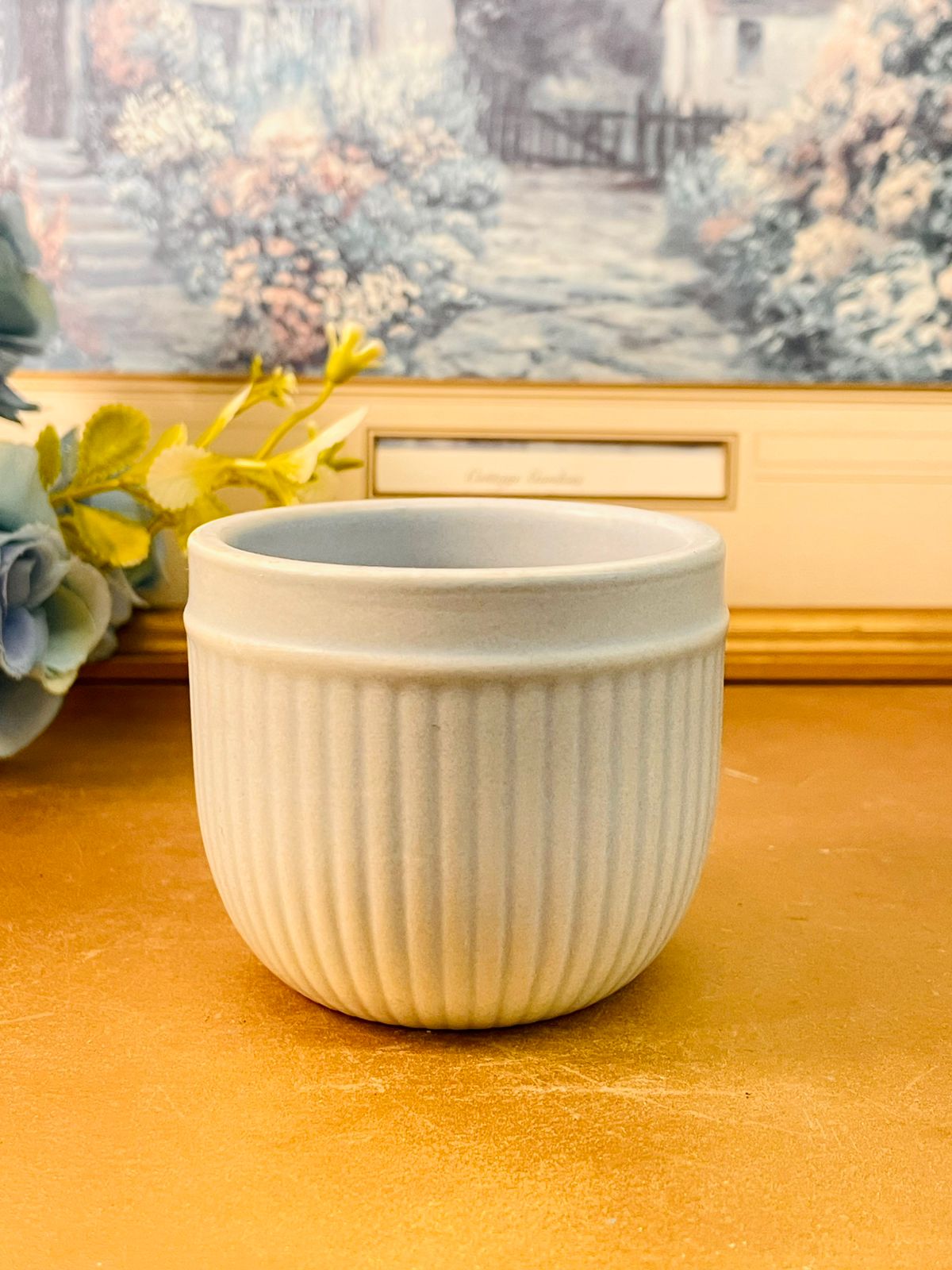 Grey Ribbed Ceramic Planter Minimal Modern Small Pot
