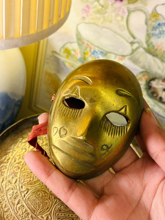 Vintage Brass Tribal Mini Wall Mask — Handcrafted Décor (4 in)