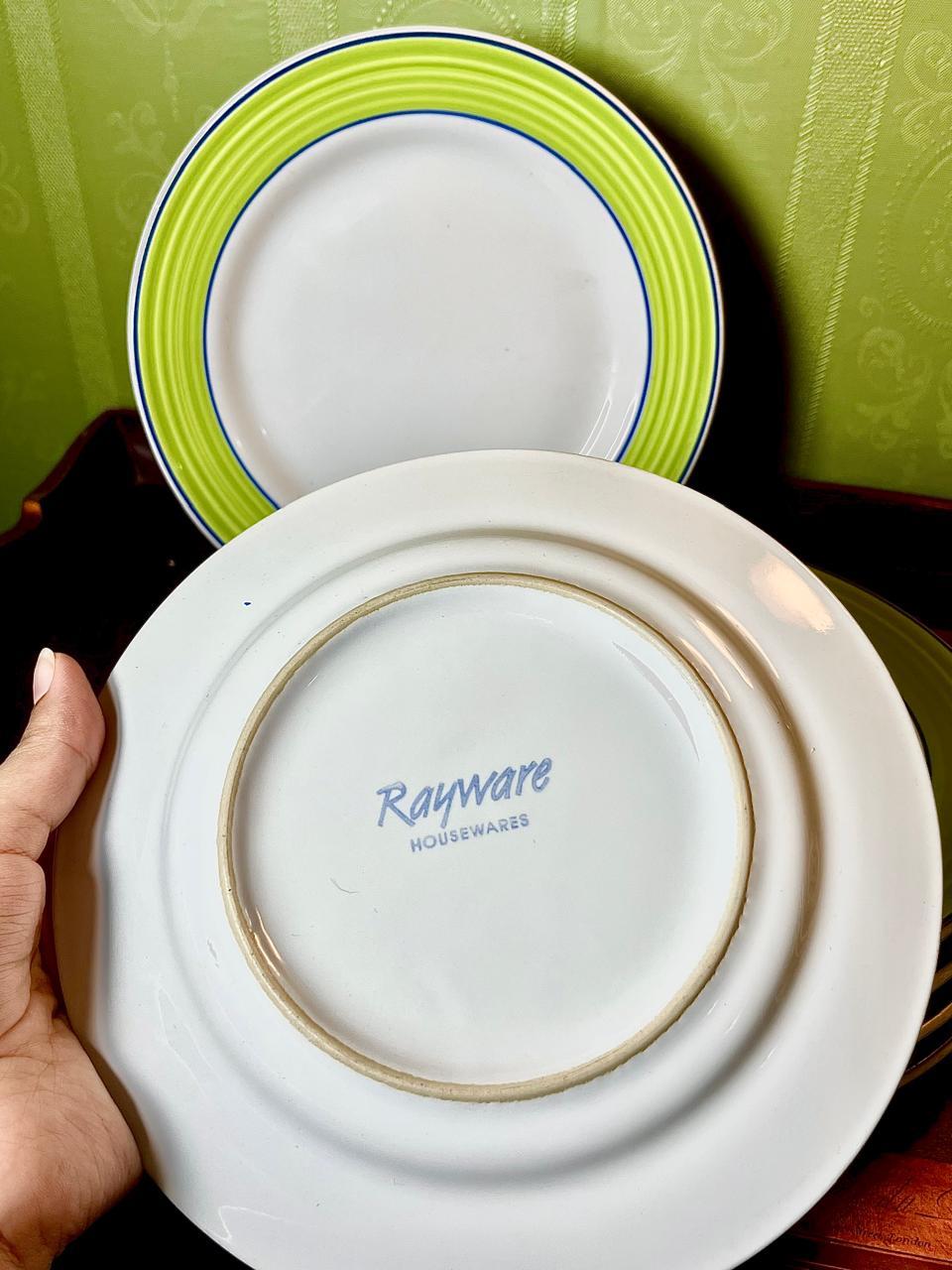 Rayware Green & Blue Rim Ceramic Medium Plates Set of 6 Approx. 8 Inch