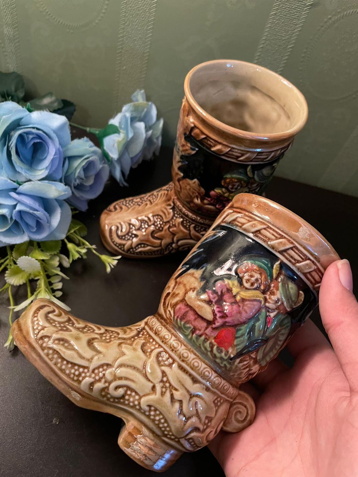 Vintage Ceramic Boot Vases Pair with Cottage Scene