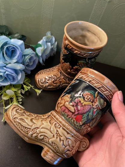 Vintage Ceramic Boot Vases Pair with Cottage Scene