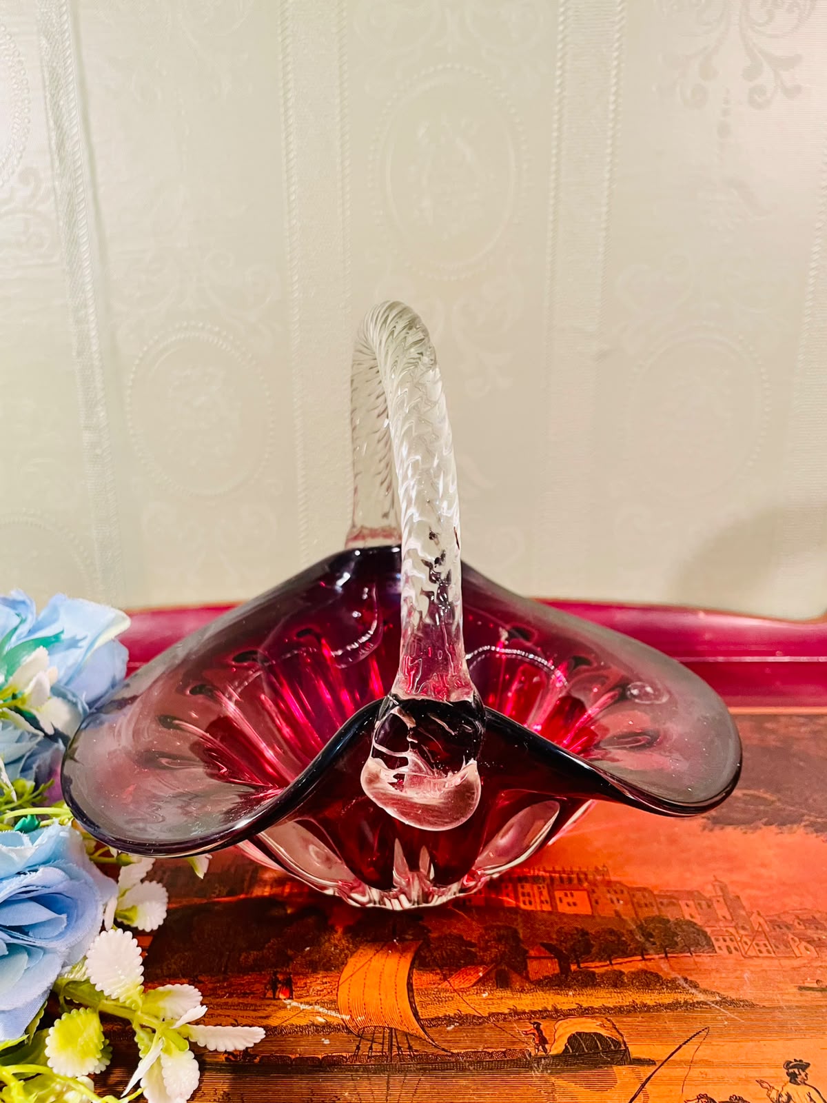 Ruby Red Crystal Basket with Clear Handle – 8 Inch