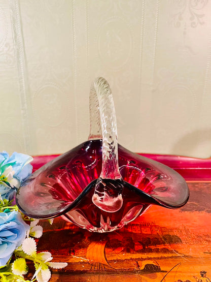 Ruby Red Crystal Basket with Clear Handle – 8 Inch