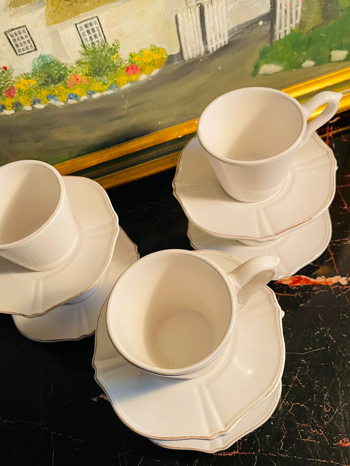 White Scalloped Coffee Cups & Saucers Set – English Tea Set – 6 Pieces