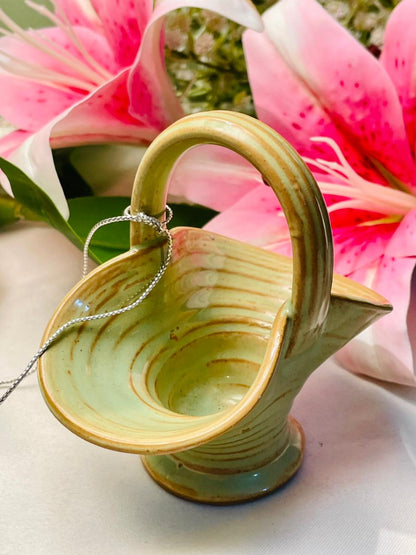 Green Glazed Ceramic Basket Bowl 4 in