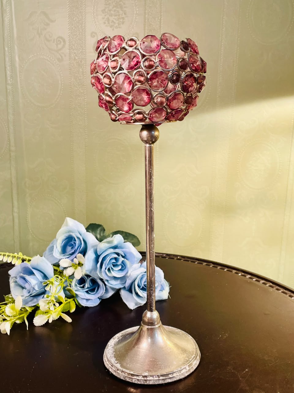 Vintage Pink Crystal Candle Holder 30cm