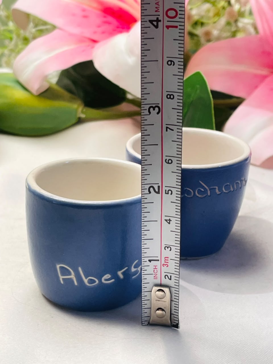 Pair of Blue Ceramic Egg Cups Aberystwyth & Pochampally Style Approx. 6 cm