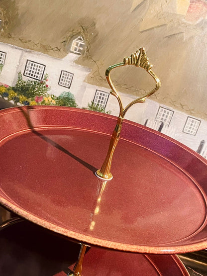 Vintage Kiln Craft 2-Tier Cake Stand – Rustic Burgundy Ironstone Elegance