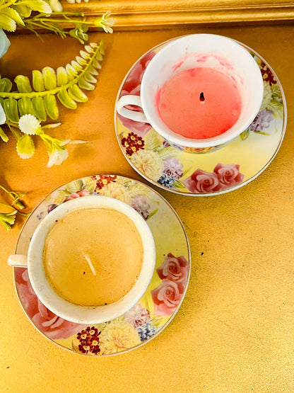 Floral Teacup Candle Set with Saucers Vintage Style
