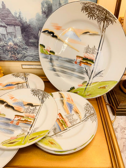 Set of 6 Vintage Japanese Landscape Cake Plate Set Hand Painted