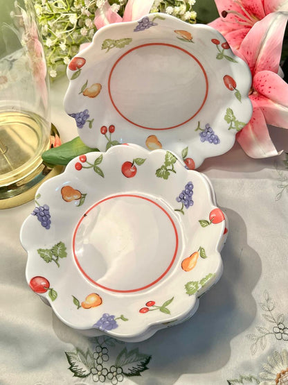 Vintage Scalloped Fruit Pattern Plates / Shallow Bowls – Approx. 17 cm – Set of 6