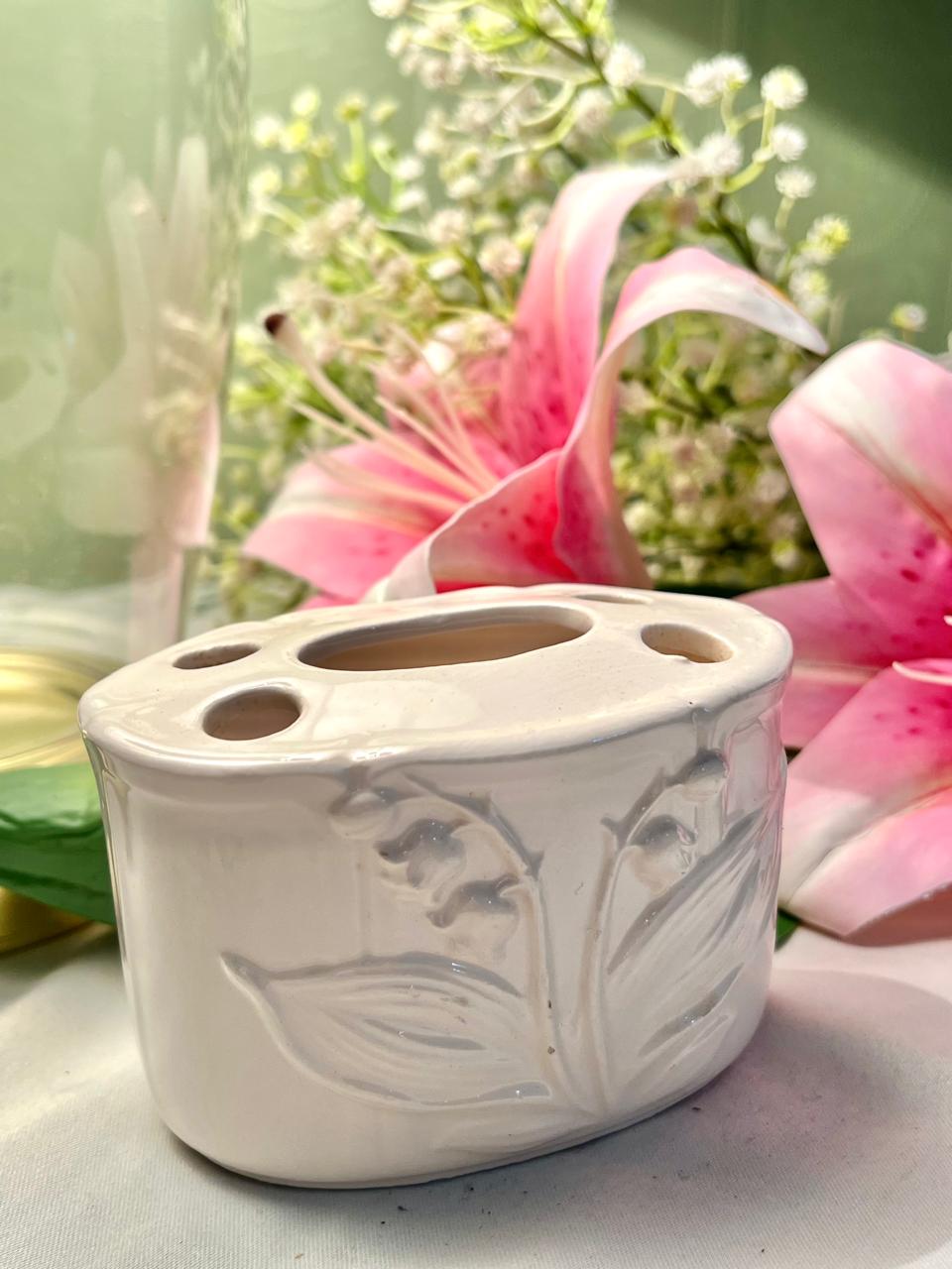 White Ceramic Flower Frog / Floral Arranging Holder – Oval 5-Hole Design, Approx. 10 cm