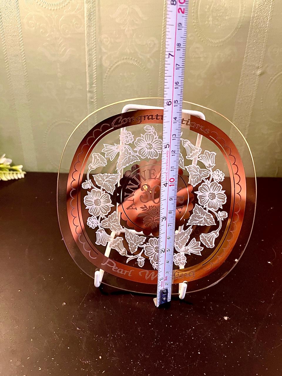 Vintage 30th Pearl Wedding Anniversary Glass Display Plate Floral Keepsake