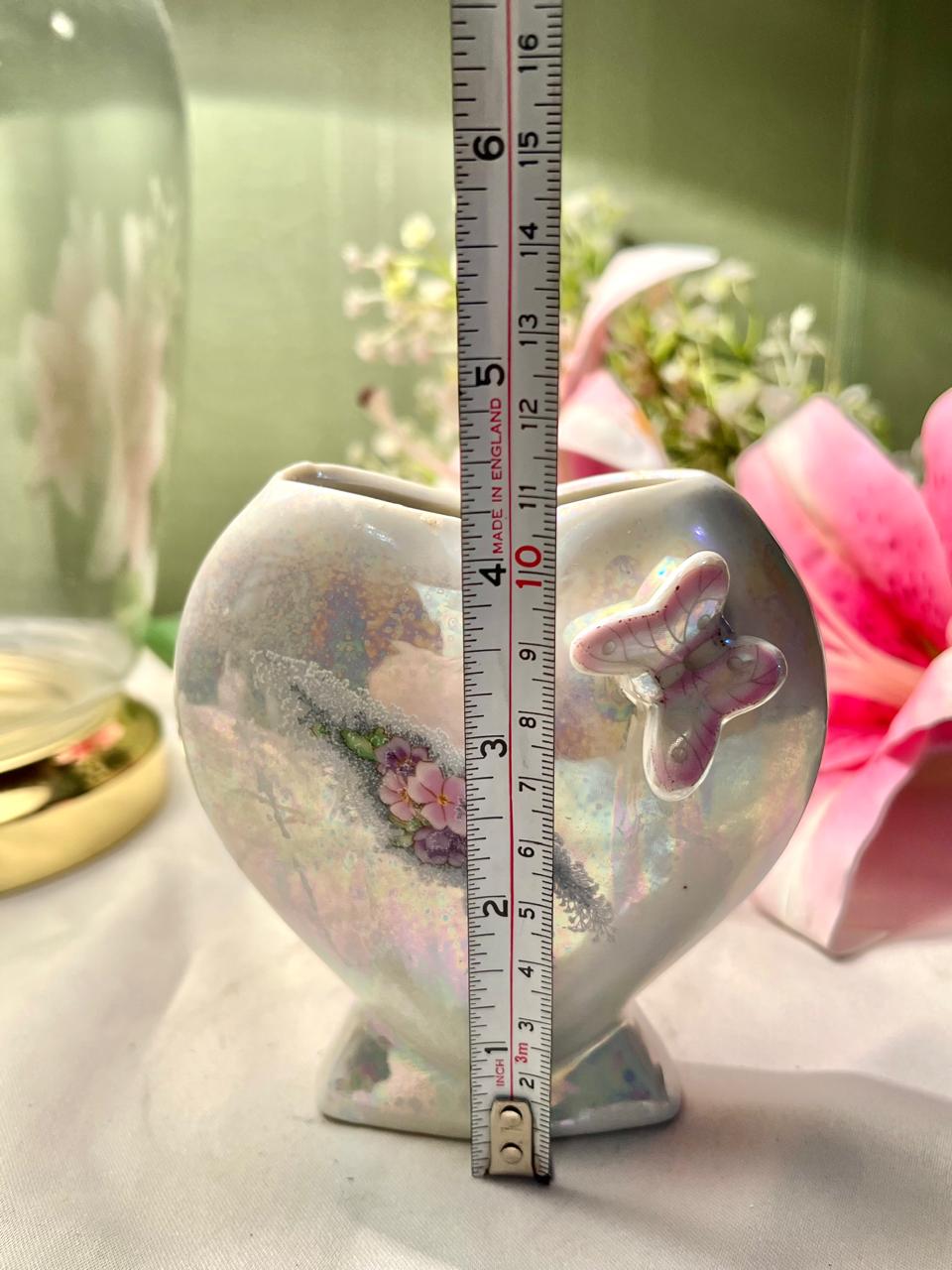 Vintage Iridescent Butterfly Vase – Pearl Lustre Floral Ceramic – Approx. 11cm