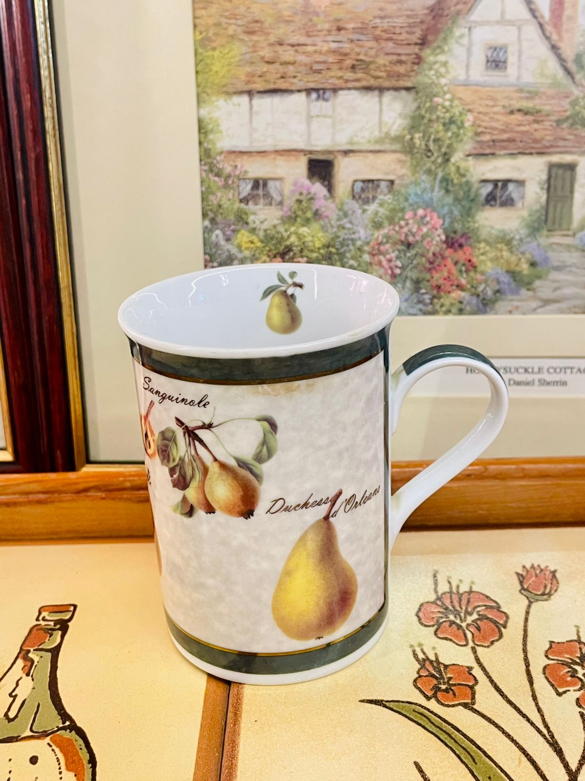 Cloverleaf mug, porcelain mug, pear mug, fruit mug, botanical mug, vintage kitchenware, cottagecore décor, English porcelain mug, collectible mug, ceramic drinkware
