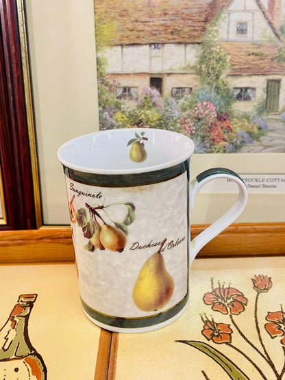 Cloverleaf mug, porcelain mug, pear mug, fruit mug, botanical mug, vintage kitchenware, cottagecore décor, English porcelain mug, collectible mug, ceramic drinkware