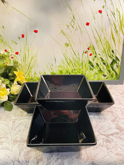 Vintage Black Square Serving Bowls Set of 4 Glossy Ceramic