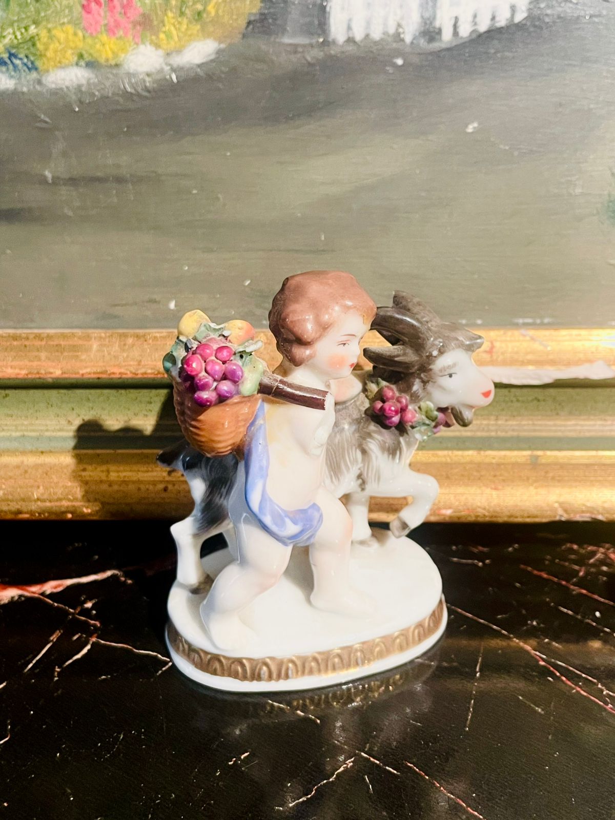 Vintage Cherub & Goat Figurine Pair — Hand-Painted Porcelain