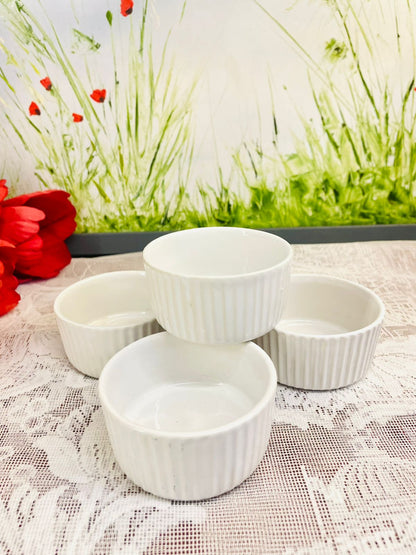 Vintage White Ribbed Ceramic Ramekin Bowl Set