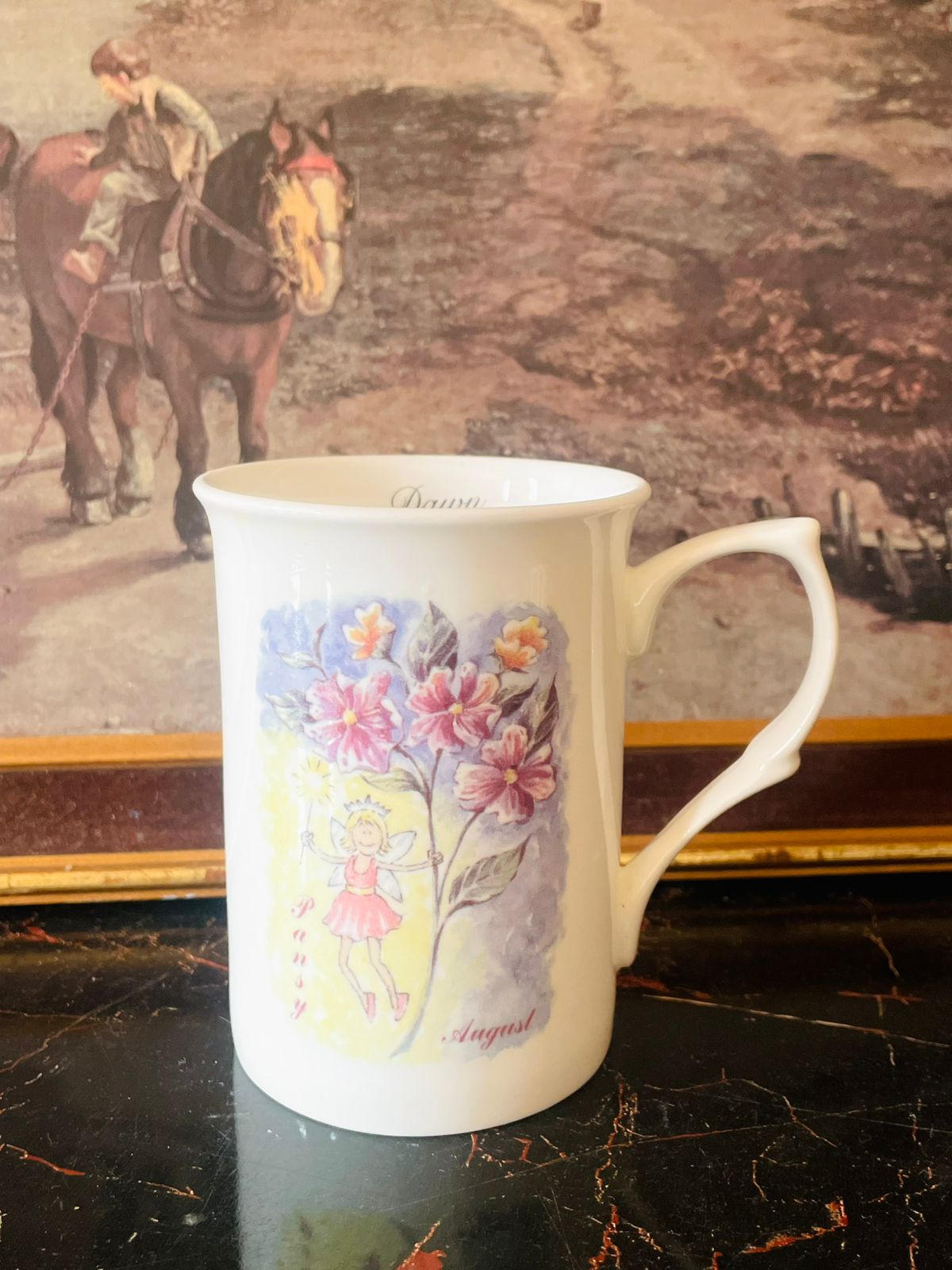 heraldic pottery mug, staffordshire fine bone china, pansy fairy mug, august birth flower mug, english collectible mug, bone china england, vintage fairy mug, heraldic pottery england, collectible floral mug, birthday month mug, english vintage crockery pakistan, pansy flower mug, staffordshire bone china mug, sunset kitchen collection, english fairy china
