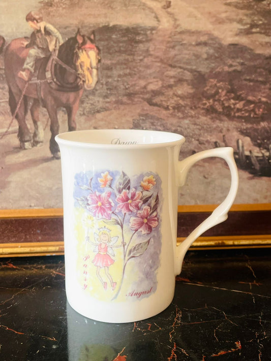 heraldic pottery mug, staffordshire fine bone china, pansy fairy mug, august birth flower mug, english collectible mug, bone china england, vintage fairy mug, heraldic pottery england, collectible floral mug, birthday month mug, english vintage crockery pakistan, pansy flower mug, staffordshire bone china mug, sunset kitchen collection, english fairy china