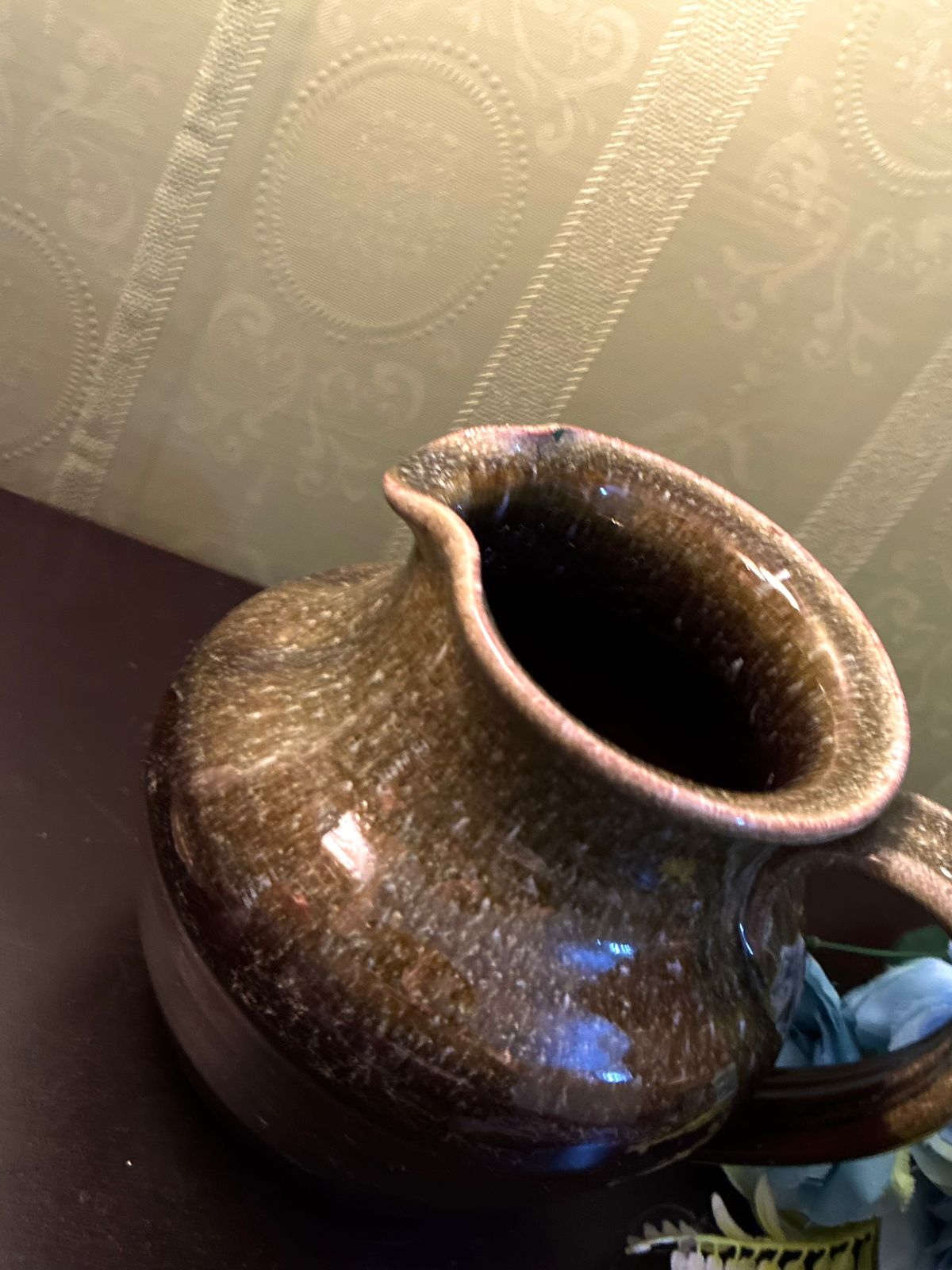 Vintage Brown and Green Pottery Jug Rustic Stoneware Pitcher