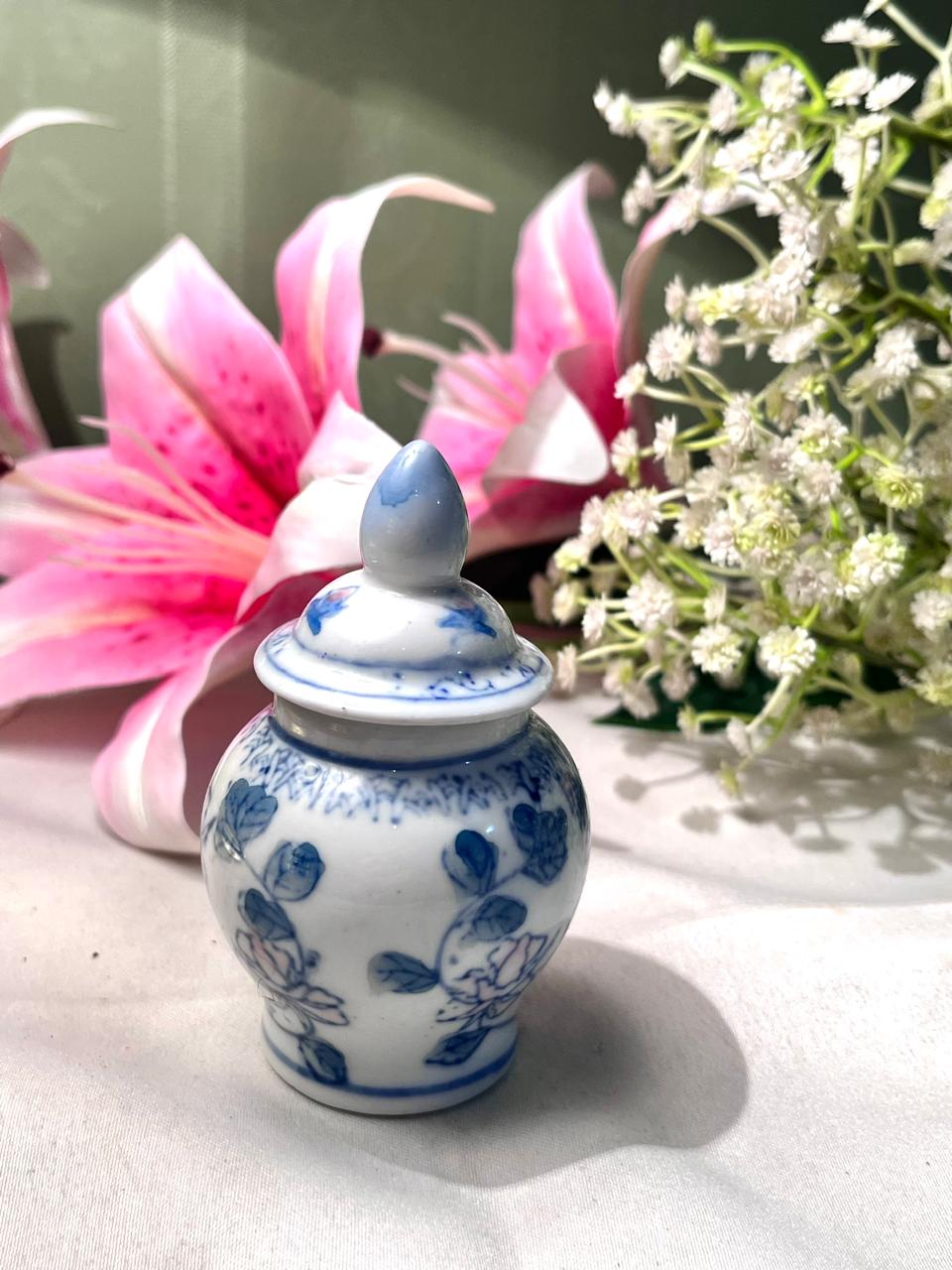 Blue & White Floral Lidded Ceramic Jar 3.5 Inch