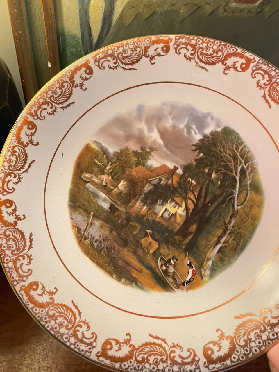 Vintage Cottage Scene Plate | 10" | Made in England | Gold Gilded