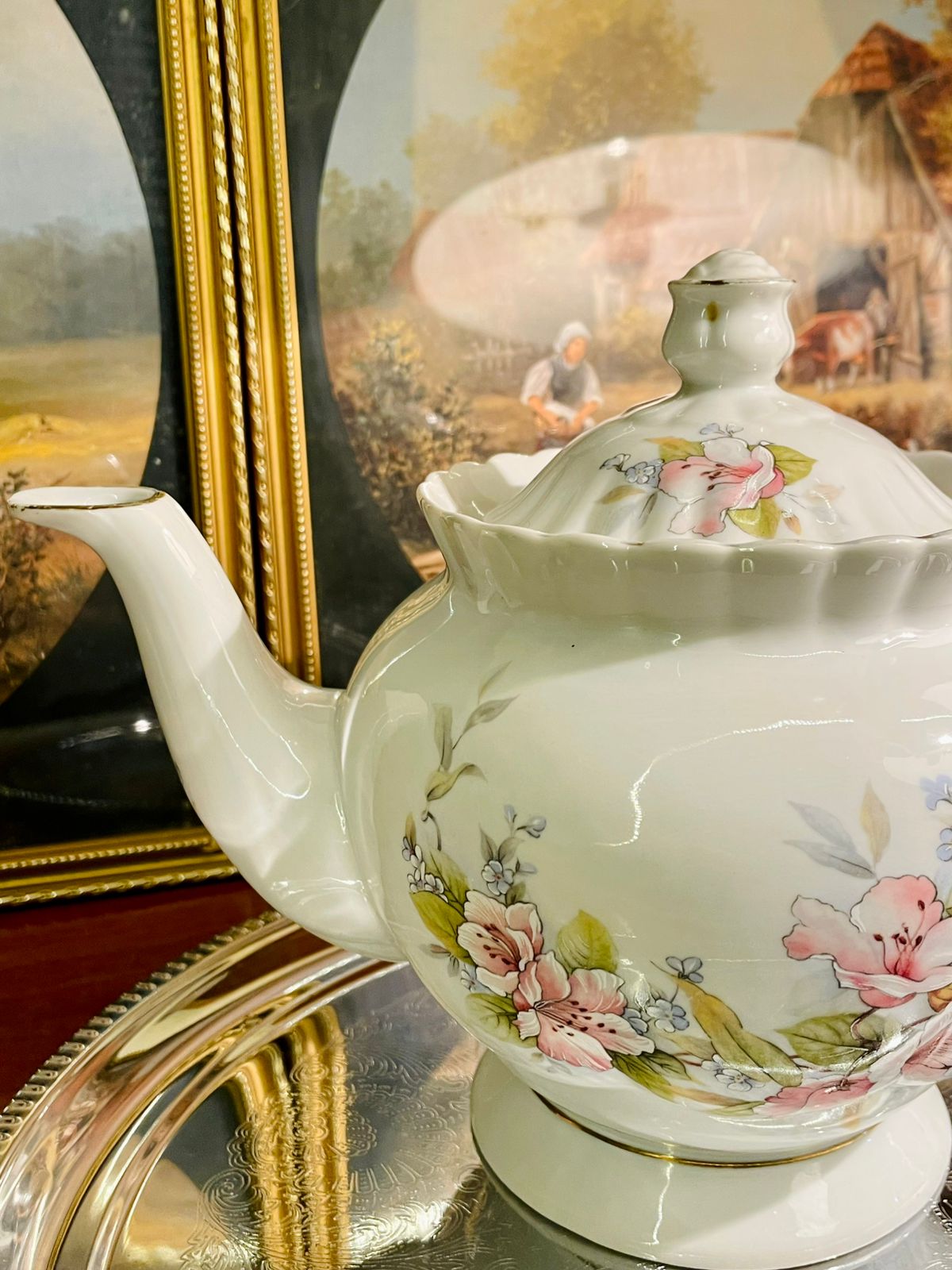 Vintage Floral English Teapot – Pink Blossoms & Gold Trim – Collectible Porcelain Serveware