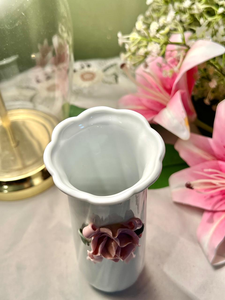 White Ceramic Rose Vase with Pink Floral Appliqué – 7 Inch