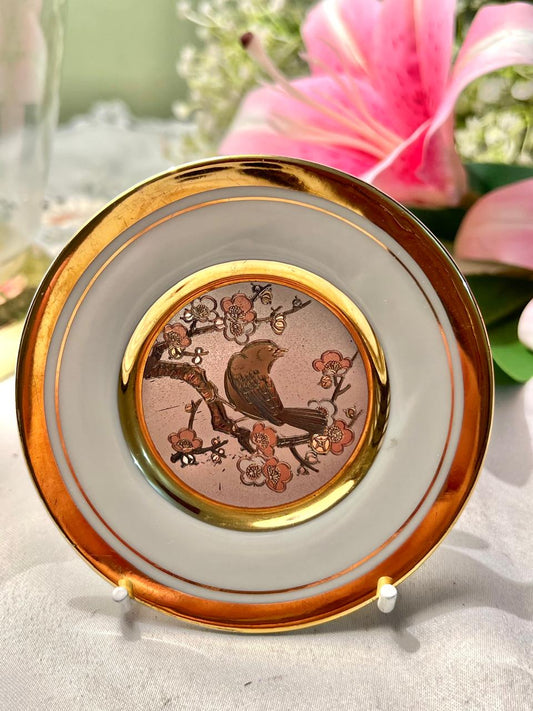 Japanese Chokin Art 24K Gold Bird Wall Plate – 4 Inches
