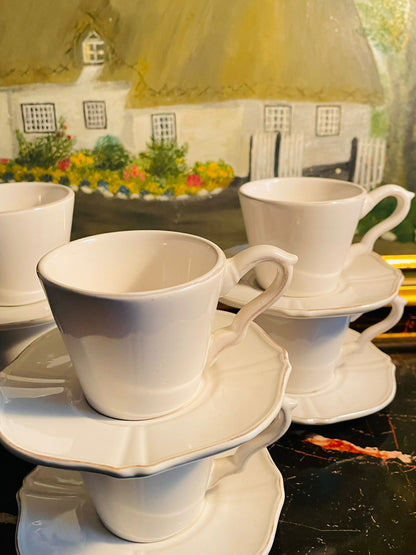 White Scalloped Coffee Cups & Saucers Set – English Tea Set – 6 Pieces
