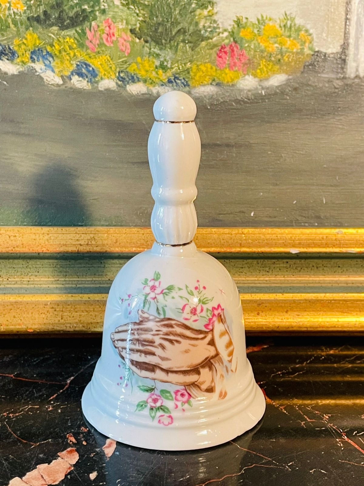 Vintage Hand-Painted Ceramic Bell with Floral & Ribbon Motif – 5 Inches Tall
