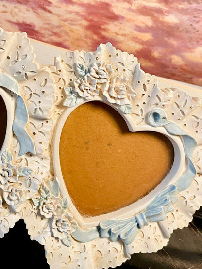 Romantic Double Heart Shaped Frame with Floral Detailing – White & Blue Accent